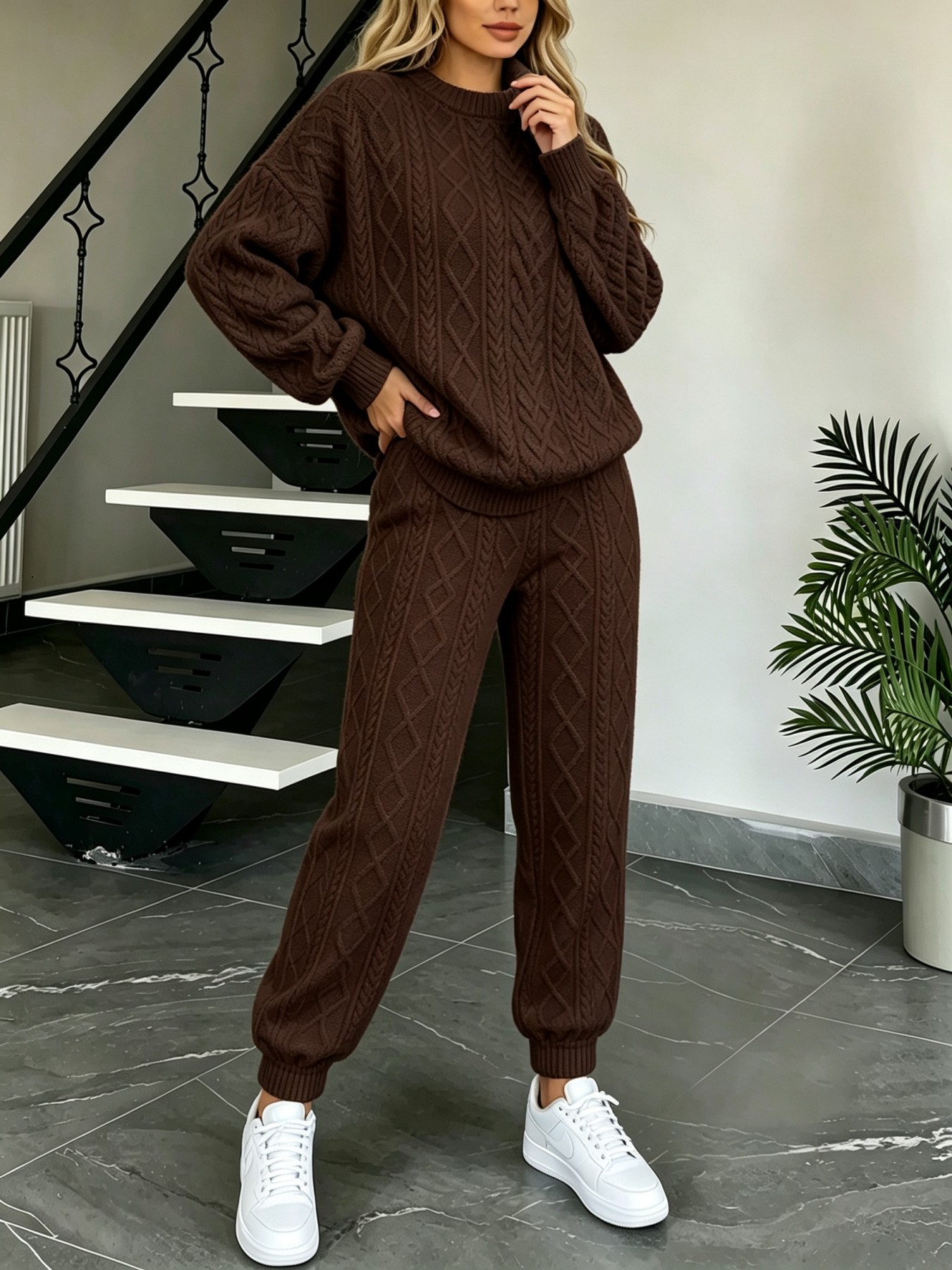 Women Cable Knit 2‑Piece Outfi - Sleeved Cable Kit ulasan dan harga